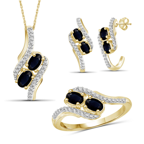 JewelonFire 2.50 Carat T.G.W. Sapphire And 1/20 Carat T.W. White Diamond Sterling Silver 3 Piece Jewelry Set - Assorted Colors