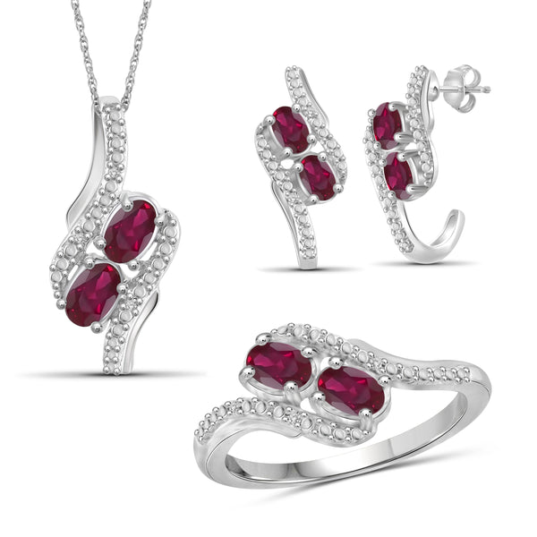 JewelonFire 2.00 Carat T.G.W. Ruby And 1/20 Carat T.W. White Diamond Sterling Silver 3 Piece Jewelry Set - Assorted Colors