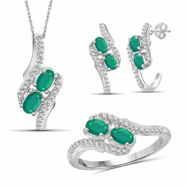 JewelonFire 1.80 Carat T.G.W. Emerald And 1/20 Carat T.W. White Diamond Sterling Silver 3 Piece Jewelry Set - Assorted Colors