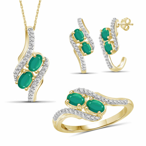 JewelonFire 1.80 Carat T.G.W. Emerald And 1/20 Carat T.W. White Diamond Sterling Silver 3 Piece Jewelry Set - Assorted Colors