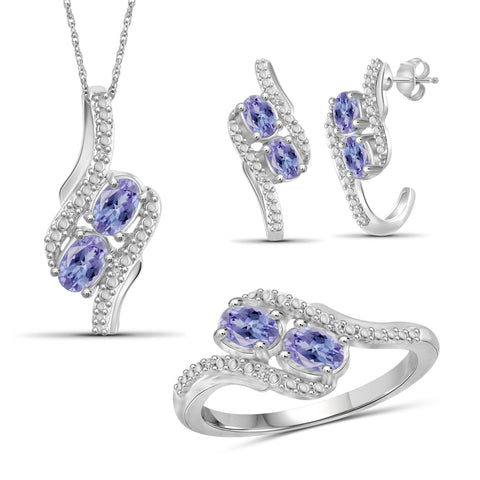 JewelonFire 1.90 Carat T.G.W. Tanzanite And 1/20 Carat T.W. White Diamond Sterling Silver 3 Piece Jewelry Set - Assorted Colors