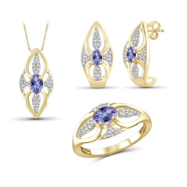 JewelonFire 1.30 Carat T.G.W. Tanzanite And 1/20 Carat T.W. White Diamond Sterling Silver 3 Piece Jewelry Set - Assorted Colors