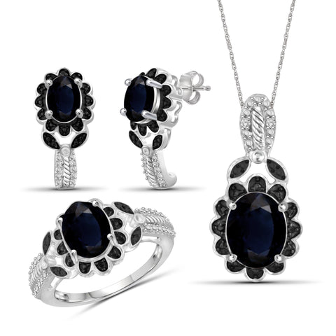 JewelonFire 6.00 Carat T.G.W. Sapphire And 1/20 Carat T.W. Black & White Diamond Sterling Silver 3 Piece Jewelry Set - Assorted Colors