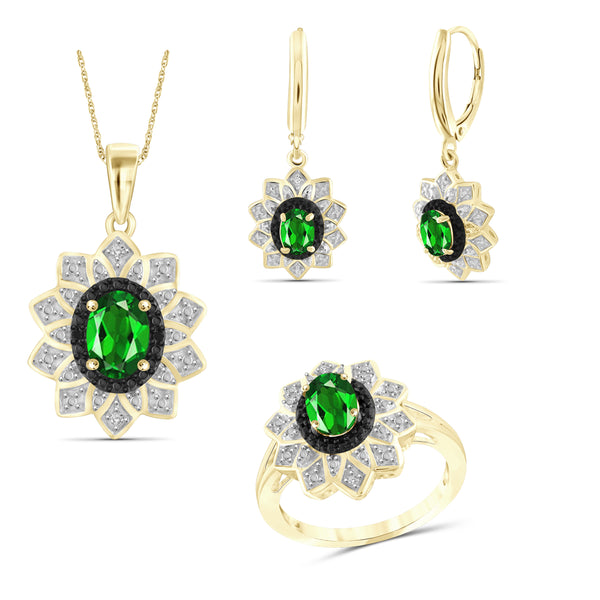 JewelonFire 2.70 Carat T.G.W. Chrome Diopside And 1/10 Carat T.W. Black & White Diamond Sterling Silver 3 Piece Jewelry Set - Assorted Colors