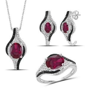 JewelonFire 5.90 Carat T.G.W. Ruby And 1/10 Carat T.W. Black & White Diamond Sterling Silver 3 Piece Jewelry Set - Assorted Colors