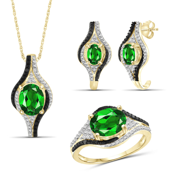 JewelonFire 4.20 Carat T.G.W. Chrome Diopside And 1/10 Carat T.W. Black & White Diamond Sterling Silver 3 Piece Jewelry Set - Assorted Colors