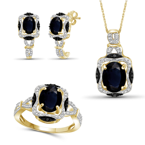 JewelonFire 6.00 Carat T.G.W. Sapphire And 1/20 Carat T.W. Black & White Diamond Sterling Silver 3 Piece Jewelry Set - Assorted Colors