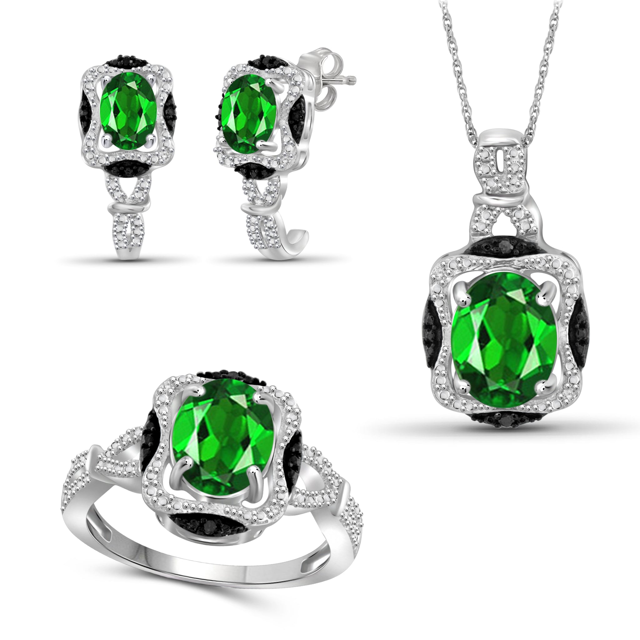 JewelonFire 4.70 Carat T.G.W. Chrome Diopside And 1/20 Carat T.W. Black & White Diamond Sterling Silver 3 Piece Jewelry Set - Assorted Colors