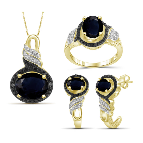 JewelonFire 5.20 Carat T.G.W. Sapphire And 1/20 Carat T.W. Black & White Diamond Sterling Silver 3 Piece Jewelry Set - Assorted Colors