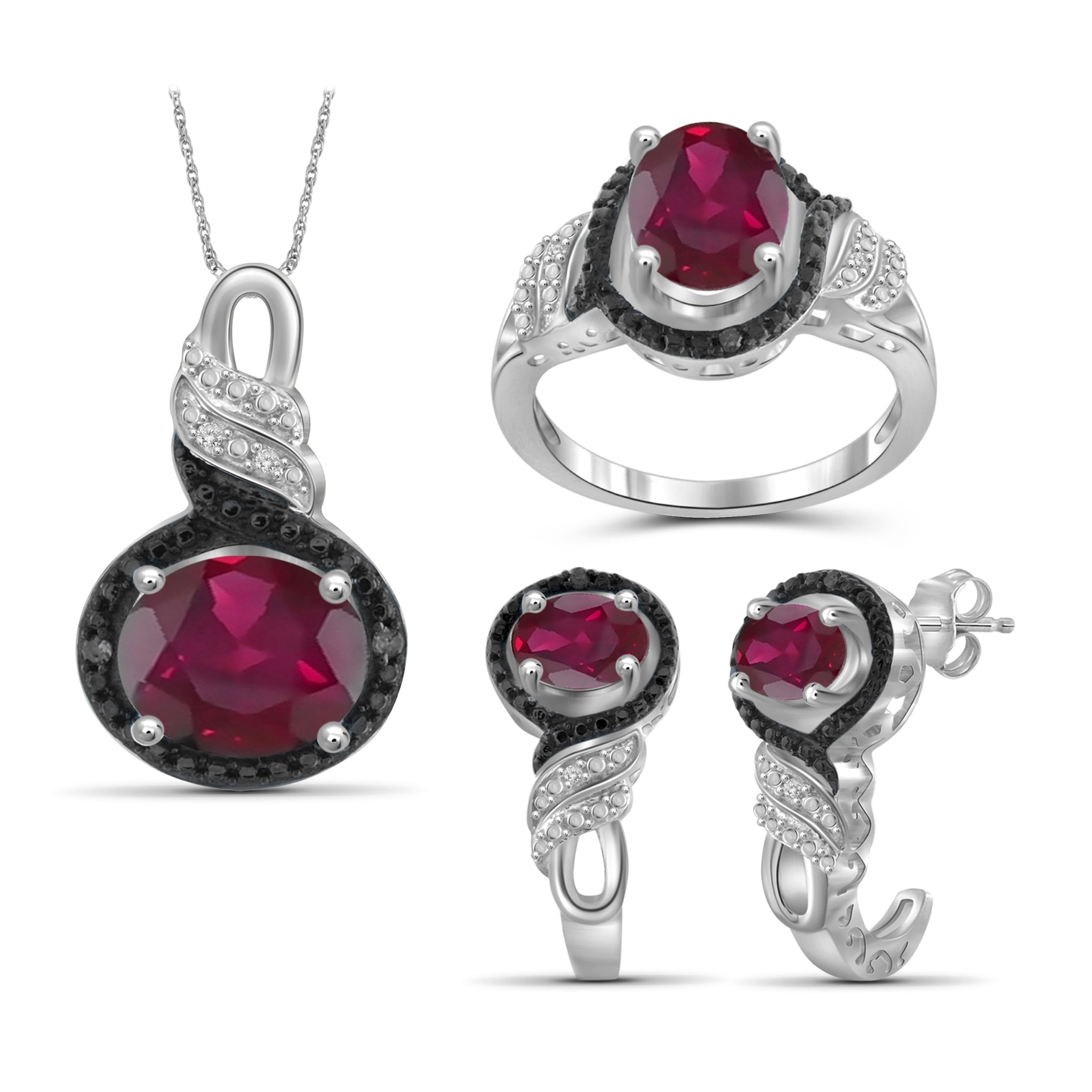 JewelonFire 5.90 Carat T.G.W. Ruby And 1/20 Carat T.W. Black & White Diamond Sterling Silver 3 Piece Jewelry Set - Assorted Colors