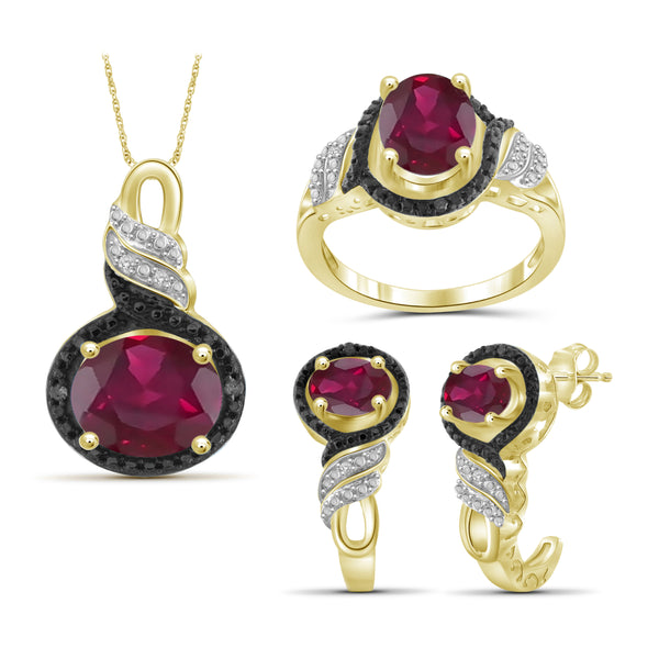 JewelonFire 5.90 Carat T.G.W. Ruby And 1/20 Carat T.W. Black & White Diamond Sterling Silver 3 Piece Jewelry Set - Assorted Colors