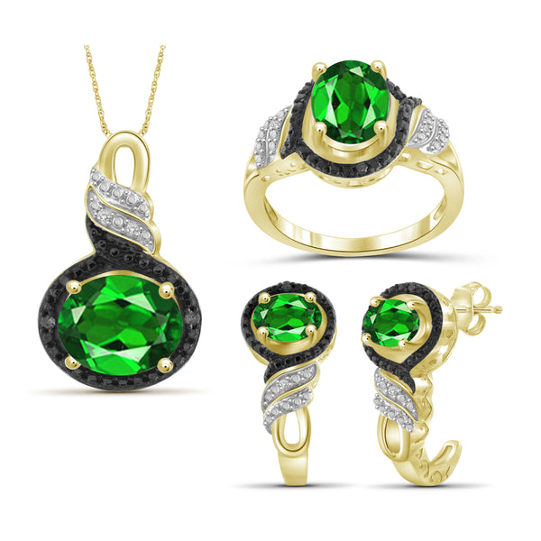 JewelonFire 4.20 Carat T.G.W. Chrome Diopside And 1/20 Carat T.W. Black & White Diamond Sterling Silver 3 Piece Jewelry Set - Assorted Colors