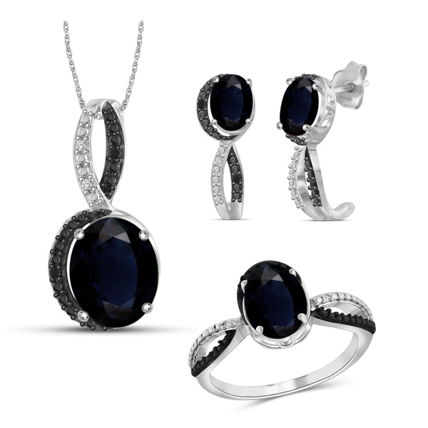 JewelonFire 6.00 Carat T.G.W. Sapphire And 1/20 Carat T.W. Black & White Diamond Sterling Silver 3 Piece Jewelry Set - Assorted Colors