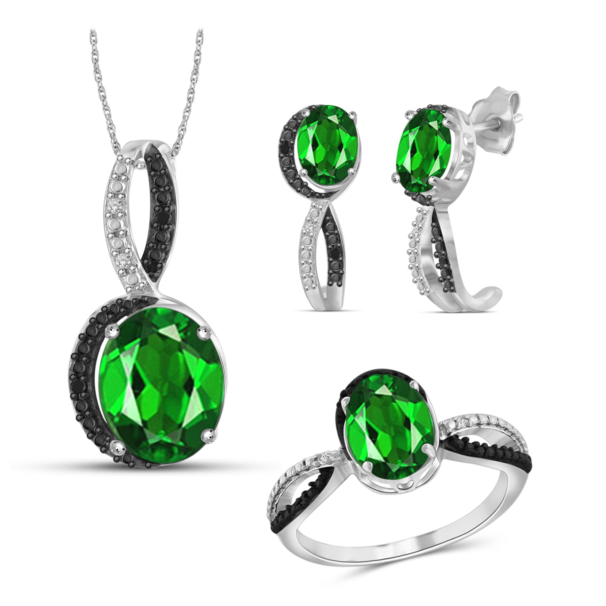 JewelonFire 4.70 Carat T.G.W. Chrome Diopside And 1/20 Carat T.W. Black & White Diamond Sterling Silver 3 Piece Jewelry Set - Assorted Colors