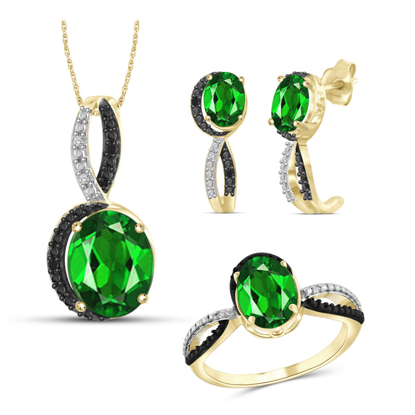 JewelonFire 4.70 Carat T.G.W. Chrome Diopside And 1/20 Carat T.W. Black & White Diamond Sterling Silver 3 Piece Jewelry Set - Assorted Colors