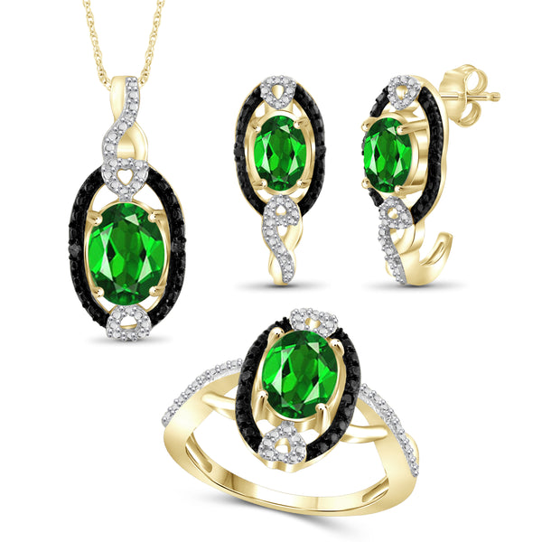 JewelonFire 3.50 Carat T.G.W. Chrome Diopside And 1/20 Carat T.W. Black & White Diamond Sterling Silver 3 Piece Jewelry Set - Assorted Colors