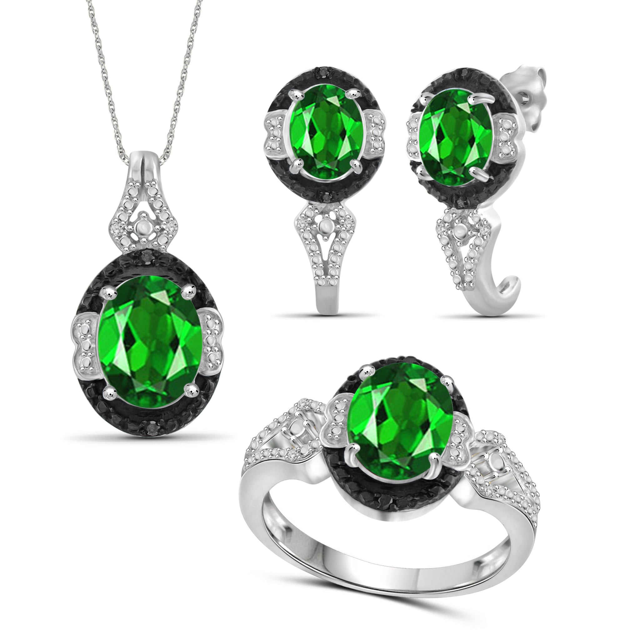 JewelonFire 4.70 Carat T.G.W. Chrome Diopside And 1/10 Carat T.W. Black & White Diamond Sterling Silver 3 Piece Jewelry Set - Assorted Colors