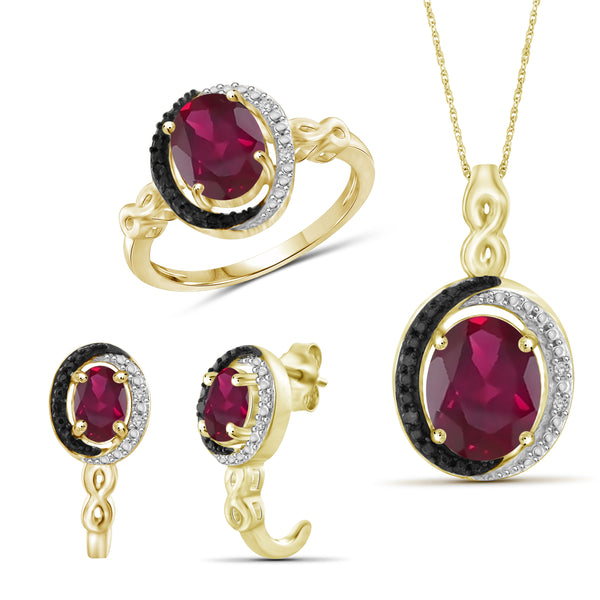 JewelonFire 5.90 Carat T.G.W. Ruby And 1/20 Carat T.W. Black & White Diamond Sterling Silver 3 Piece Jewelry Set - Assorted Colors