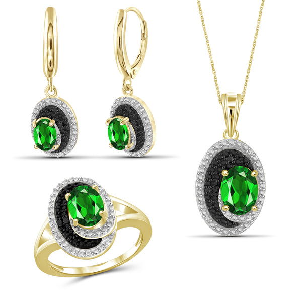 JewelonFire 3.50 Carat T.G.W. Chrome Diopside And 1/20 Carat T.W. Black & White Diamond Sterling Silver 3 Piece Jewelry Set - Assorted Colors