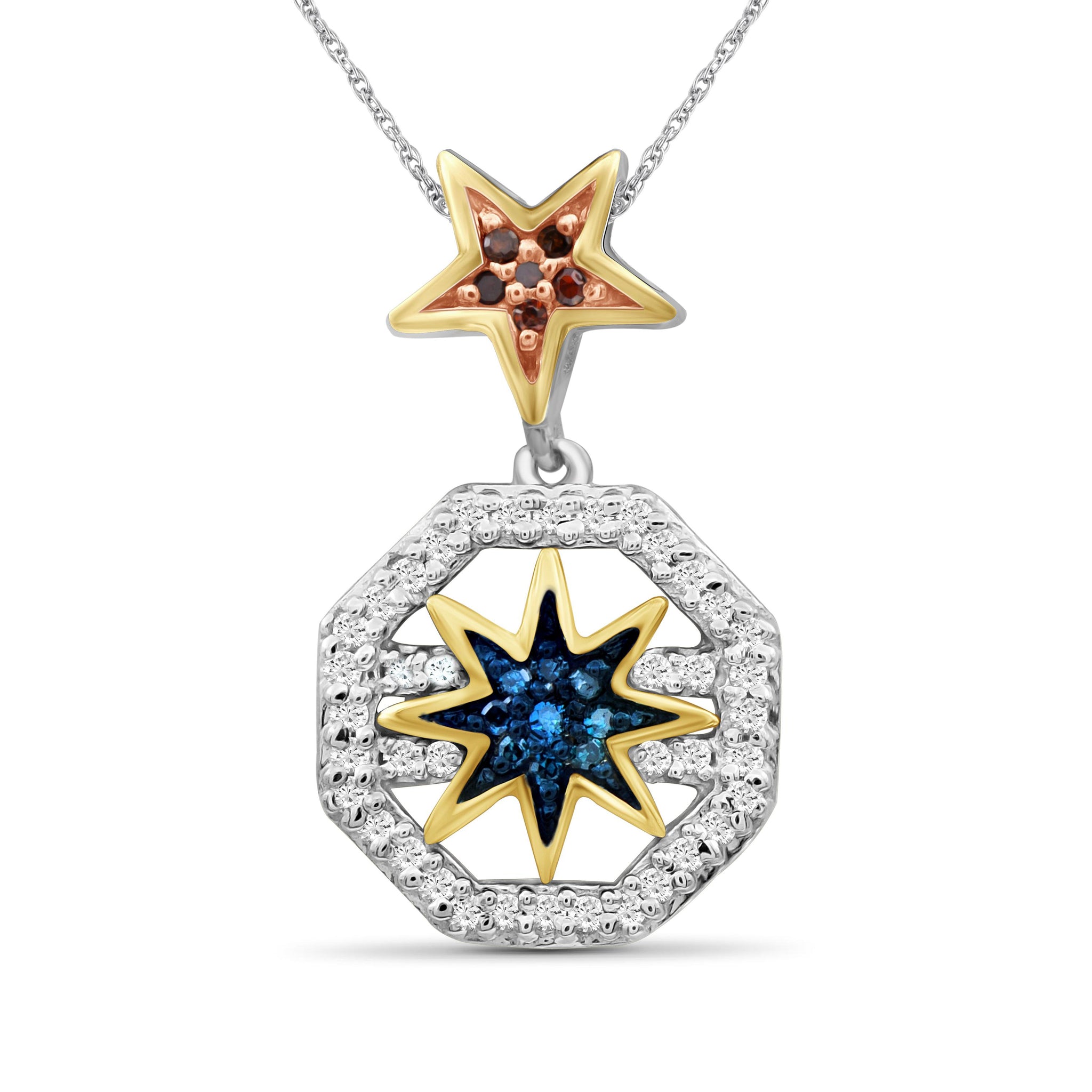 JewelonFire 1/5 Carat T.W. Multicolor Diamond Three Tone Silver Star Octagon Pendant