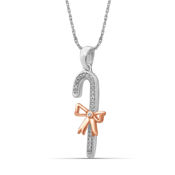 JewelonFire Accent Genuine White Diamonds Candy Cane with Ribbon Pendant in Two-tone Silver