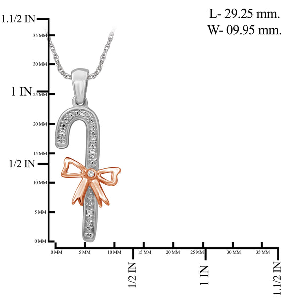 JewelonFire Accent Genuine White Diamonds Candy Cane with Ribbon Pendant in Two-tone Silver