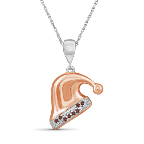 JewelonFire Accent Red Diamonds Christmas Cap Pendant in Two-tone Silver