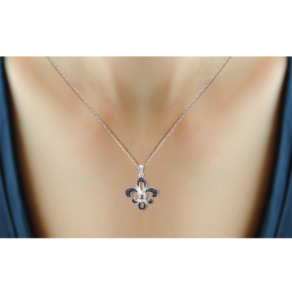 JewelonFire Accent Black Diamond Fleur-de-Lis Pendant in Sterling Silver