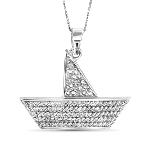 JewelonFire Accent White Diamond Boat Pendant in Sterling Silver