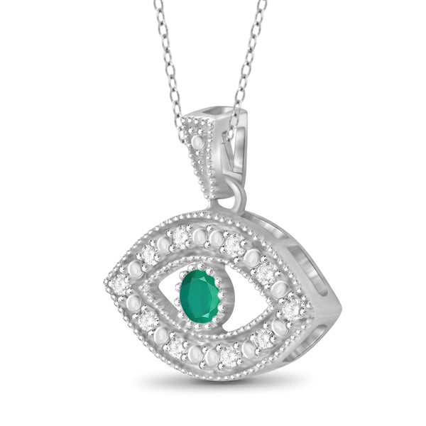 JewelonFire 1/7 Carat T.G.W. Emerald and White Diamond Accent Sterling Silver Evil Eye Pendant - Assorted Colors