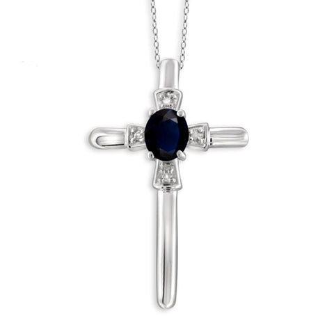 JewelonFire 0.30 Carat T.G.W. Sapphire and White Diamond Accent Sterling Silver Cross Pendant - Assorted Colors