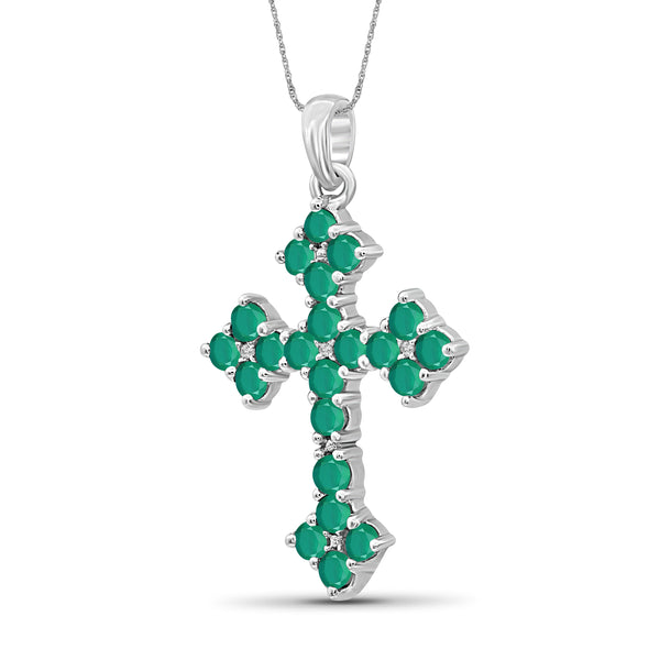 JewelonFire 1.33 Carat T.G.W. Genuine Emerald and Accent White Diamond Sterling Silver Cross Pendant - Assorted Colors