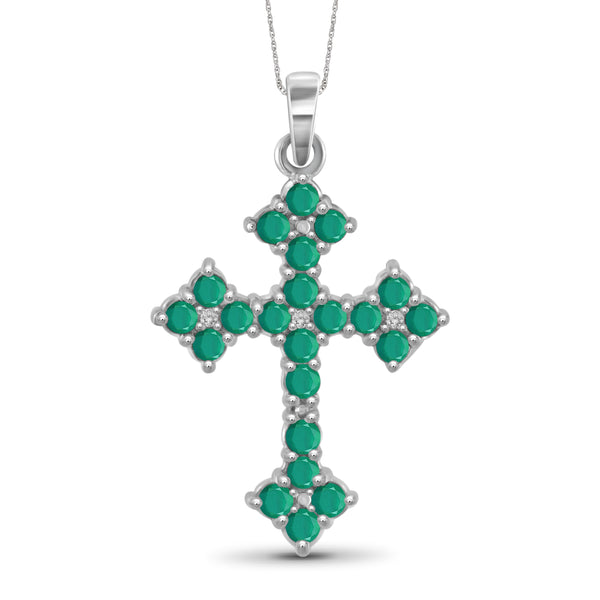 JewelonFire 1.33 Carat T.G.W. Genuine Emerald and Accent White Diamond Sterling Silver Cross Pendant - Assorted Colors