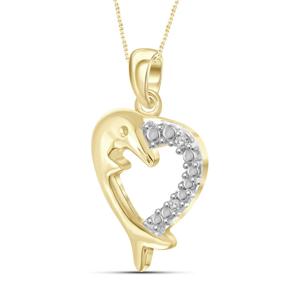 JewelonFire White Diamond Accent 14kt Gold Plated Brass Dolphin Heart Pendant
