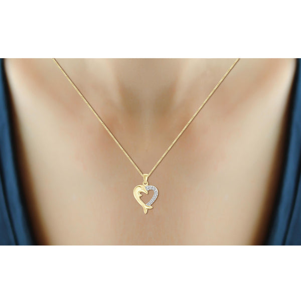 JewelonFire White Diamond Accent 14kt Gold Plated Brass Dolphin Heart Pendant