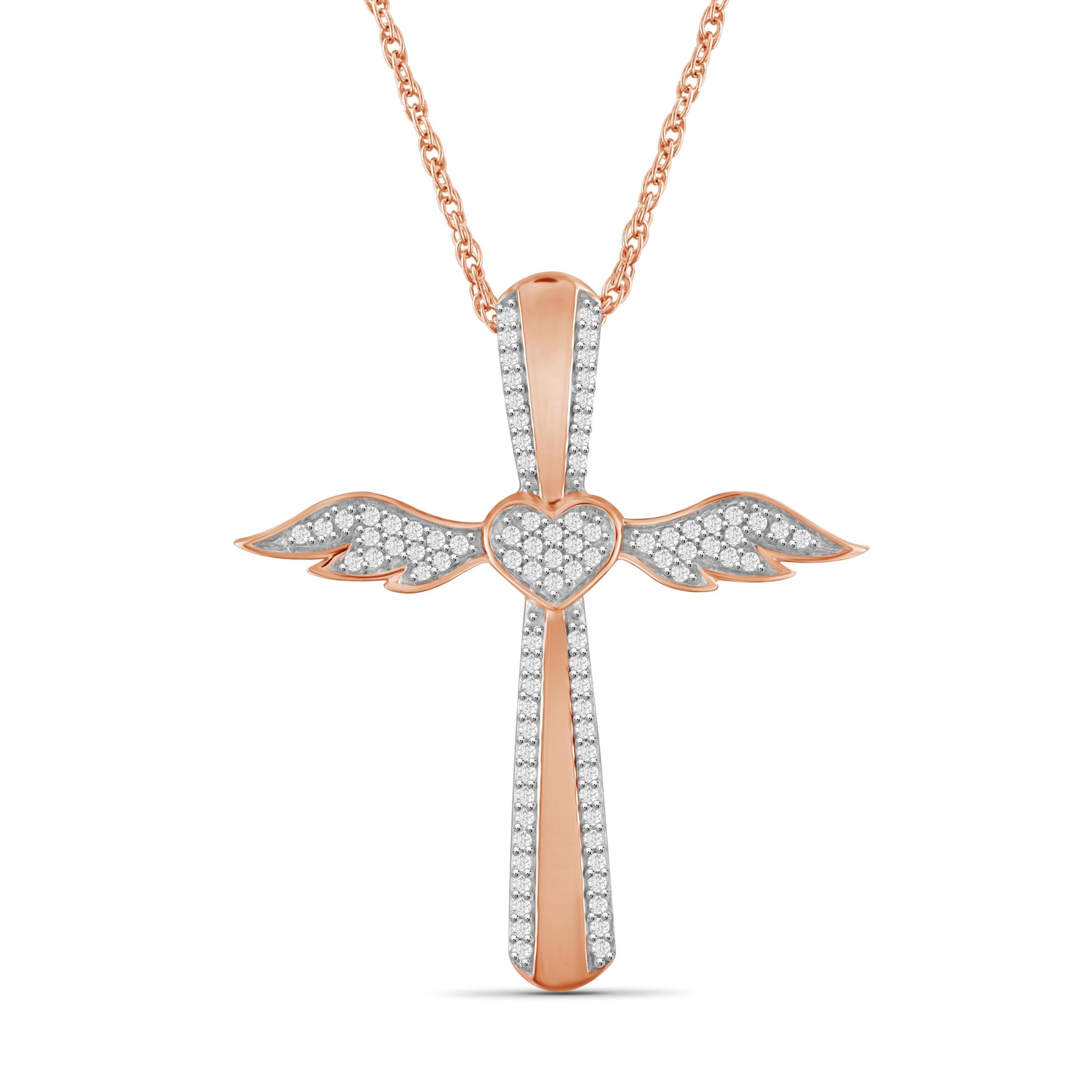 JewelonFire 1/4 Ctw White Diamond Angel Cross Pendant in Rose Gold over Silver