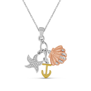 JewelonFire 1/10 Carat T.W. White Diamond Three Tone Silver Starfish, Anchor & Seashell Pendant