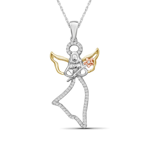 JewelonFire 1/7 Ctw White Diamond Angel Pendant in Tri-Tone Sterling Silver