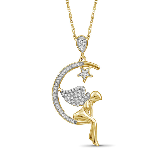 JewelonFire 1/5 Ctw White Diamond Angel on Moon Pendant in 14kt Gold over Silver