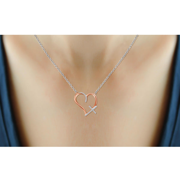 JewelonFire 1/10 Ctw White Diamond Open Heart Cross Pendant in Two-Tone Sterling Silver