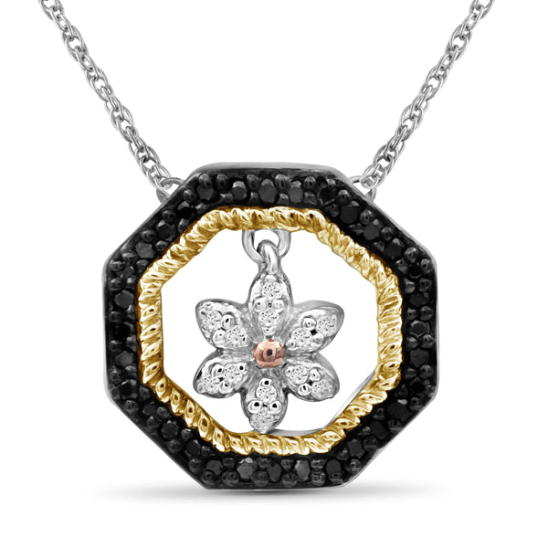 JewelonFire 1/7 Carat T.W. Black And White Diamond Three Tone Silver Flower Octagon Pendant