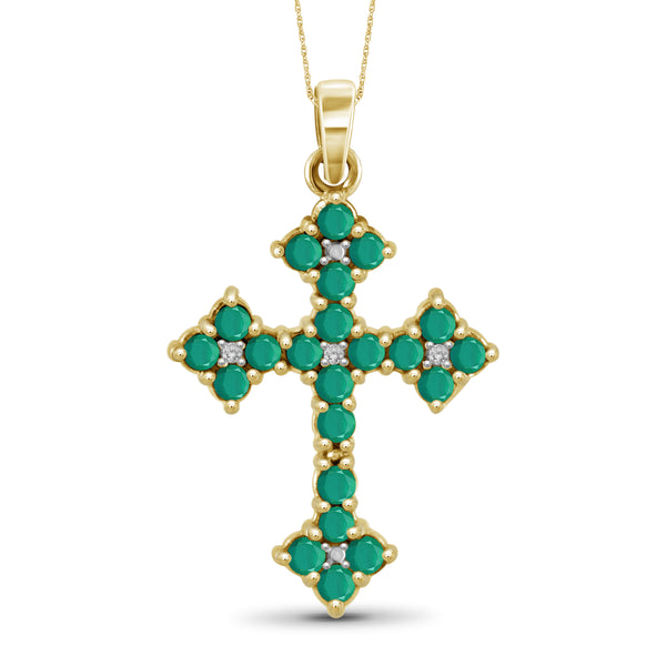 JewelonFire 1.33 Carat T.G.W. Genuine Emerald and Accent White Diamond Sterling Silver Cross Pendant - Assorted Colors