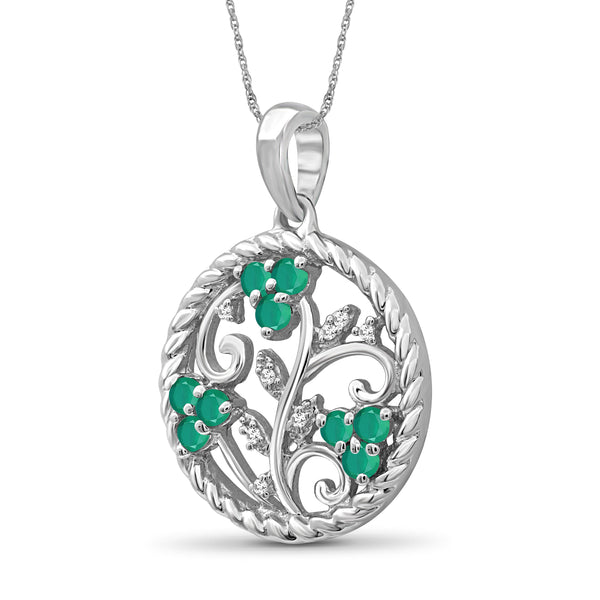 JewelonFire 0.50 Carat T.G.W. Emerald And 1/20 Carat T.W. White Diamond Sterling Silver Flower Pendant - Assorted Colors