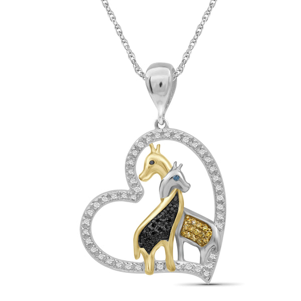 JewelonFire 1/5 Ctw Multi Color Diamond Two-Tone Sterling Silver Giraffes Heart Pendant