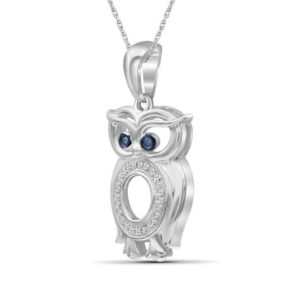 JewelonFire 1/10 Ctw Blue & White Diamond Sterling Silver Owl Pendant