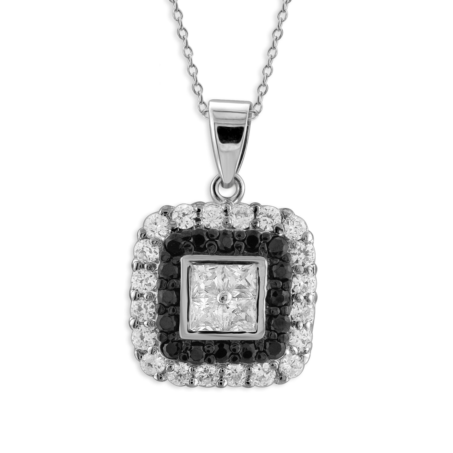 Black And White Cubic Zirconia Hip to Be Square Necklace in Sterling Silver
