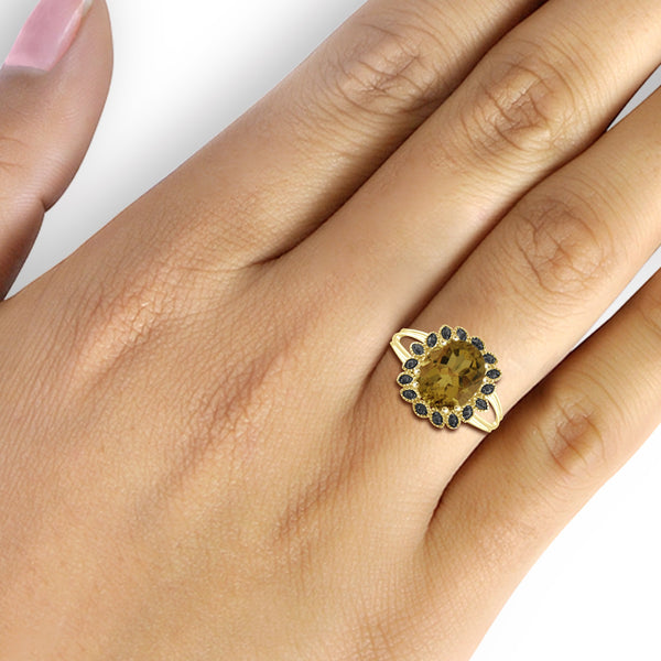 JewelonFire 1 1/2 Carat T.G.W. Whiskey And Black Diamond Accent 14kt Gold Over Silver Flower Ring