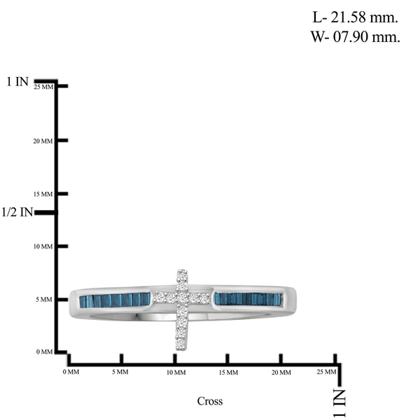 JewelonFire 1/4 Carat T.W. Blue And White Diamond Sterling Silver Cross Ring