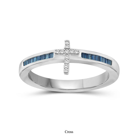 JewelonFire 1/4 Carat T.W. Blue And White Diamond Sterling Silver Cross Ring