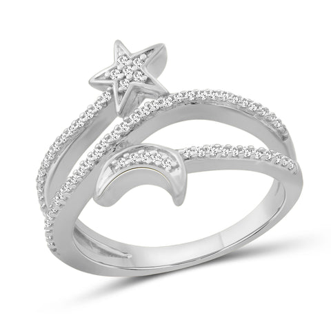 JewelonFire 1/4 Carat T.W. White Diamond Sterling Silver Star & Moon Ring - Assorted Colors